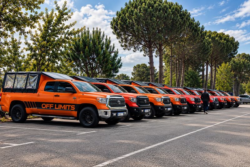 Row of orange Off Limits Toyota Tundra 4x4 safari vehicles under pine trees
