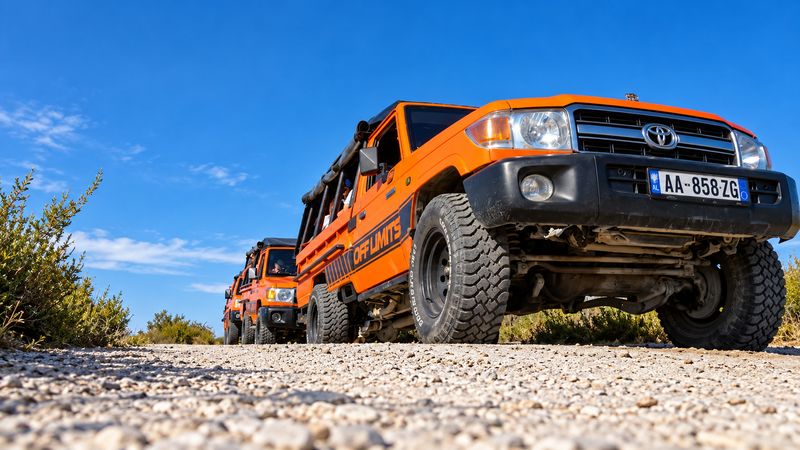 Off Limits Toyota Land Cruiser 4x4 on a gravel mountain road in Albania